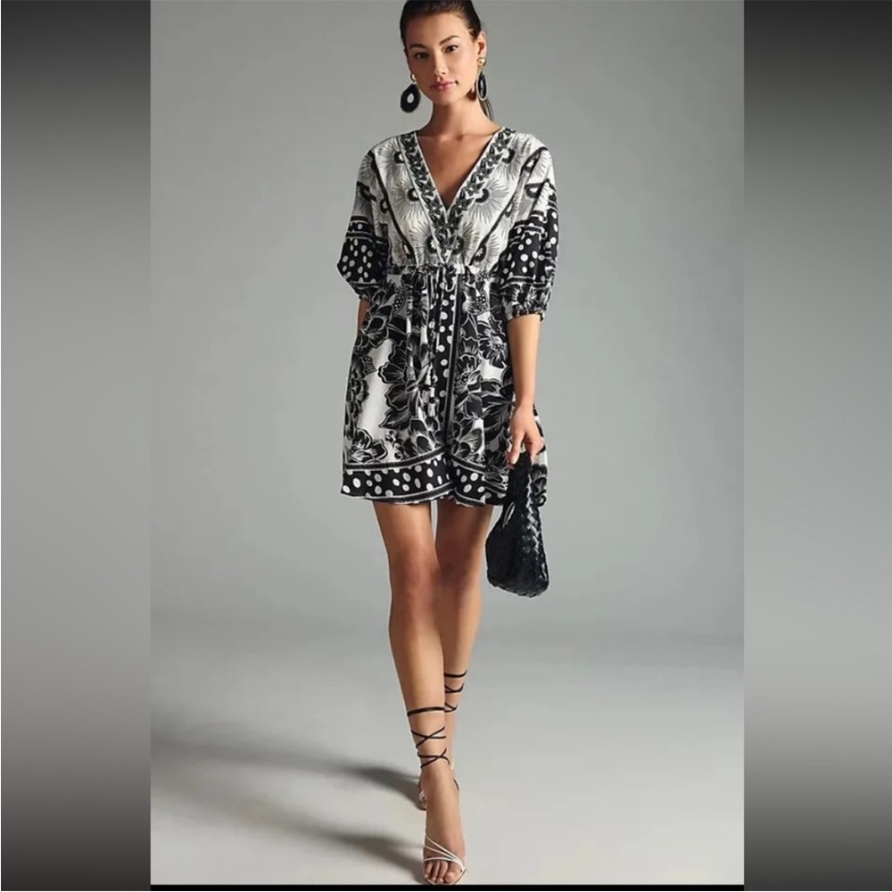 Farm Rio x Anthropologie Puff Sleeve Linen Mini Dress Size M